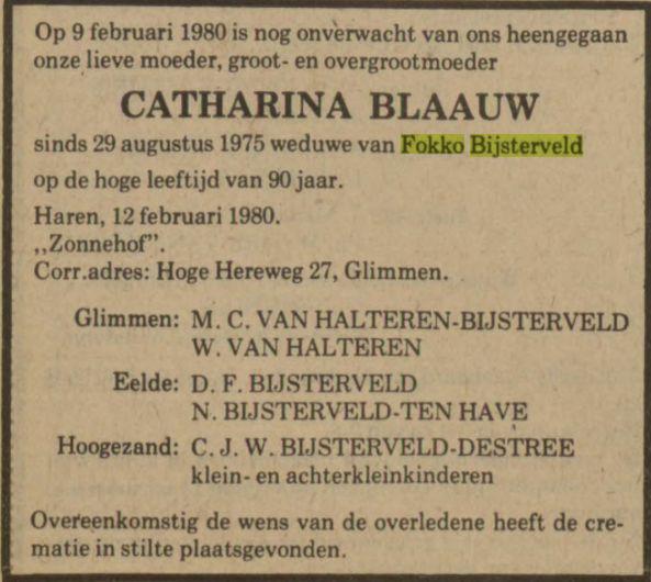 overlijdensadvertentie catharina blaauw on 12 Feb 1980.